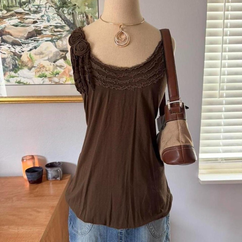 Max Studio Brown Boho Y2K Flower Applique Ruffle Drop Waist Top 1M06T71 L
